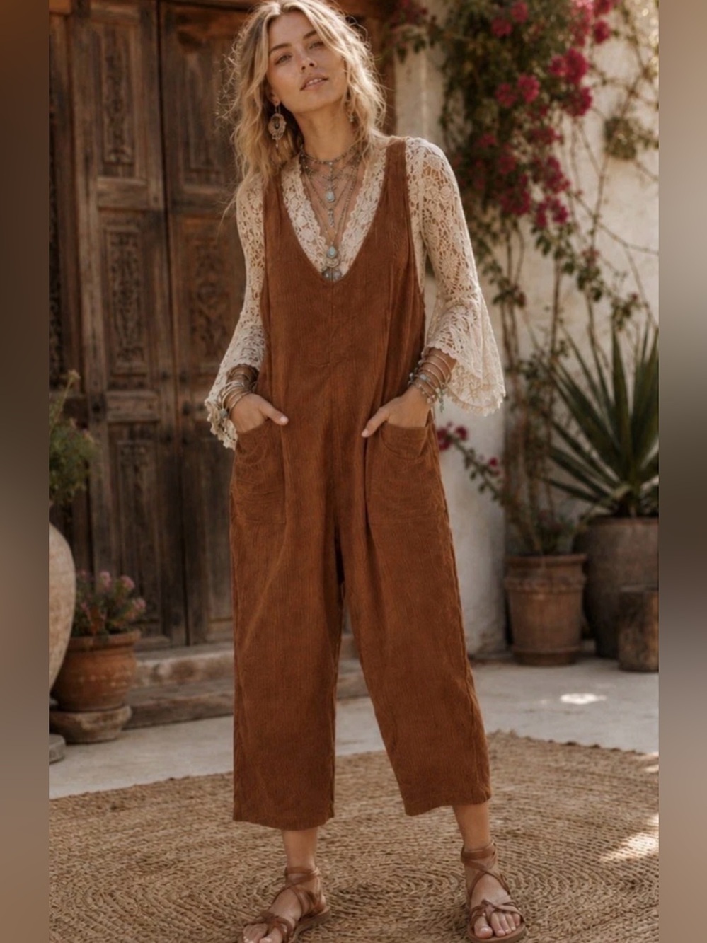 H288 NWT Polagram L ptp22 Rust Browns Corduroy V-Neck Jumpsuit